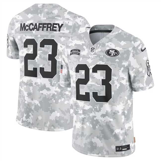 Mens San Francisco 49ers #23 Christian McCaffrey 2024 Arctic Camo Salute To Service Limited Stitched Jersey Dyin